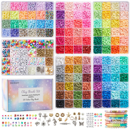 INSCRAFT 22000 Pcs Clay Beads for Bracelet Making Kit, 120 Colors Flat Round Polymer Clay Beads, Friendship Bracelet Kit Heishi Beads for DIY Jewelry Making, Crafts Gift for Girls Teen Ages 6-12