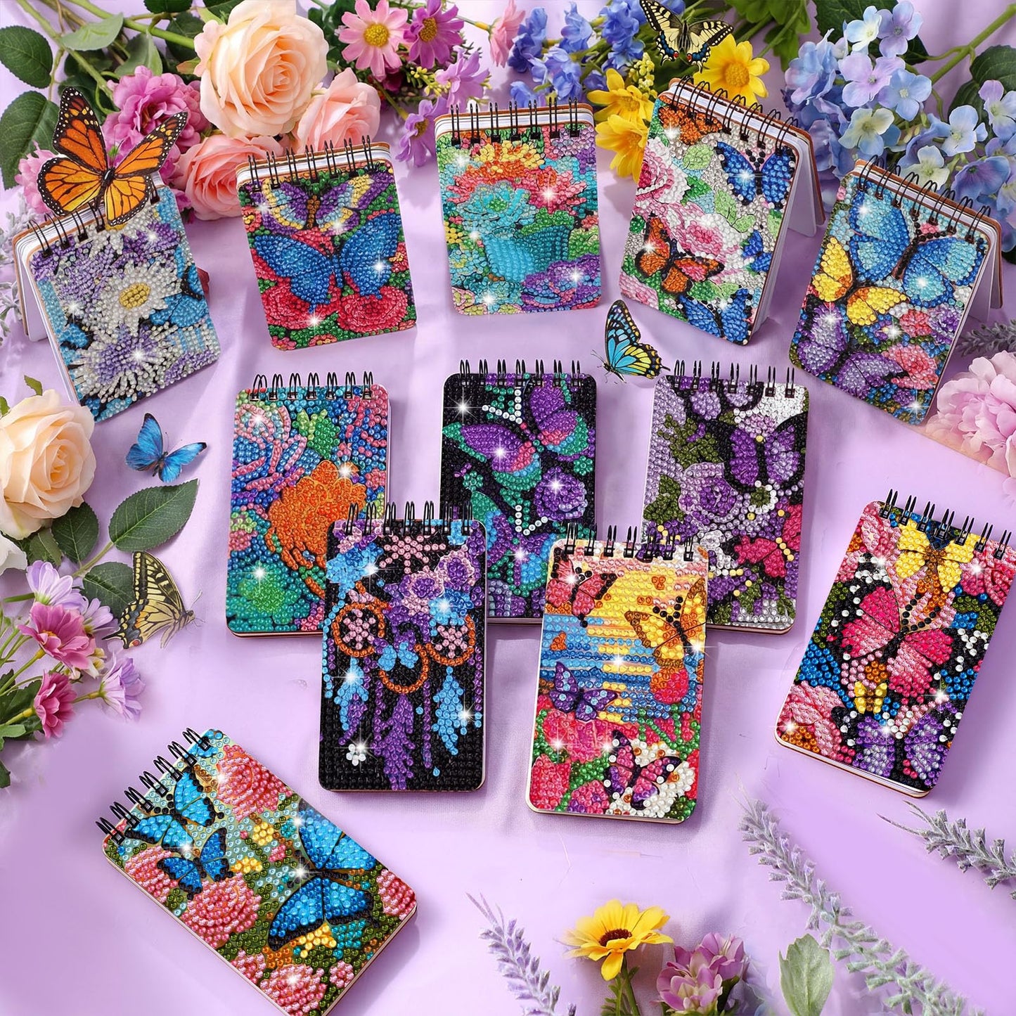 Fuyoooo 12 Pcs Diamond Painting Notebook DIY Cover Notebook Diamond Art Kits Notepad 5D Journal Art Accessories for Adults Crafts Sketchbook with Tools Gift(12 Pcs,Flower Butterfly)