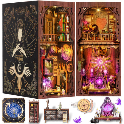 DIY Book Nook Kit, 3D Wooden Puzzle Booknook, Bookshelf Miniature House Kit Dollhouse, Tarot Divination Test, with LED Light, Dust Cover, Gift for Adults Teens (Mysterious Tarot)