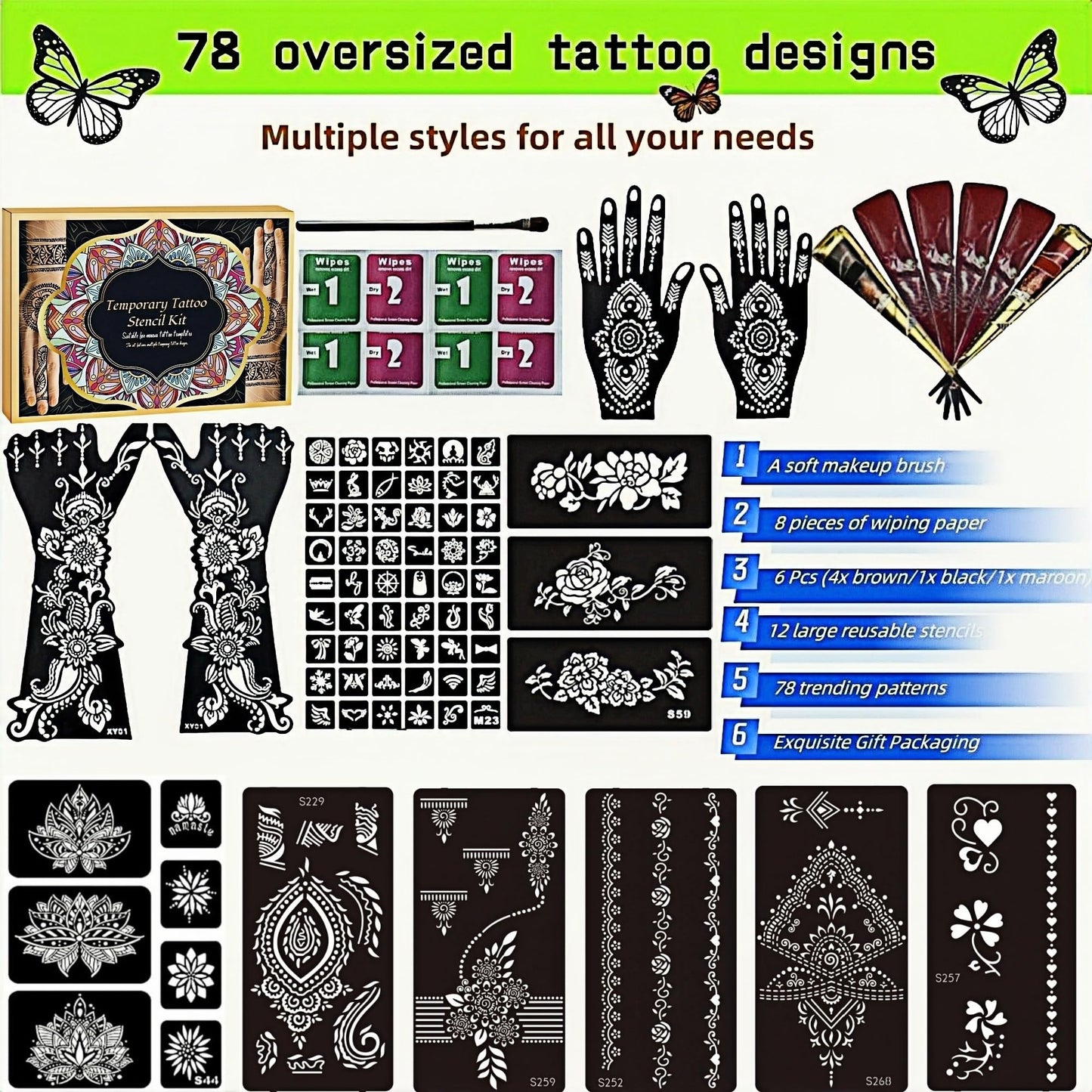 ManYan HaiYan Temporary Tattoo Stencils Kit - Reusable 12 Large Sheets, 78 Unique Designs - 6 Tattoo Cones 3 Colors (Brown/Black/Maroon) with Brush & Wipes for DIY Body Art, Festivals, Parties, Makeup