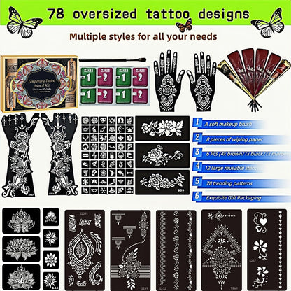 ManYan HaiYan Temporary Tattoo Stencils Kit - Reusable 12 Large Sheets, 78 Unique Designs - 6 Tattoo Cones 3 Colors (Brown/Black/Maroon) with Brush & Wipes for DIY Body Art, Festivals, Parties, Makeup
