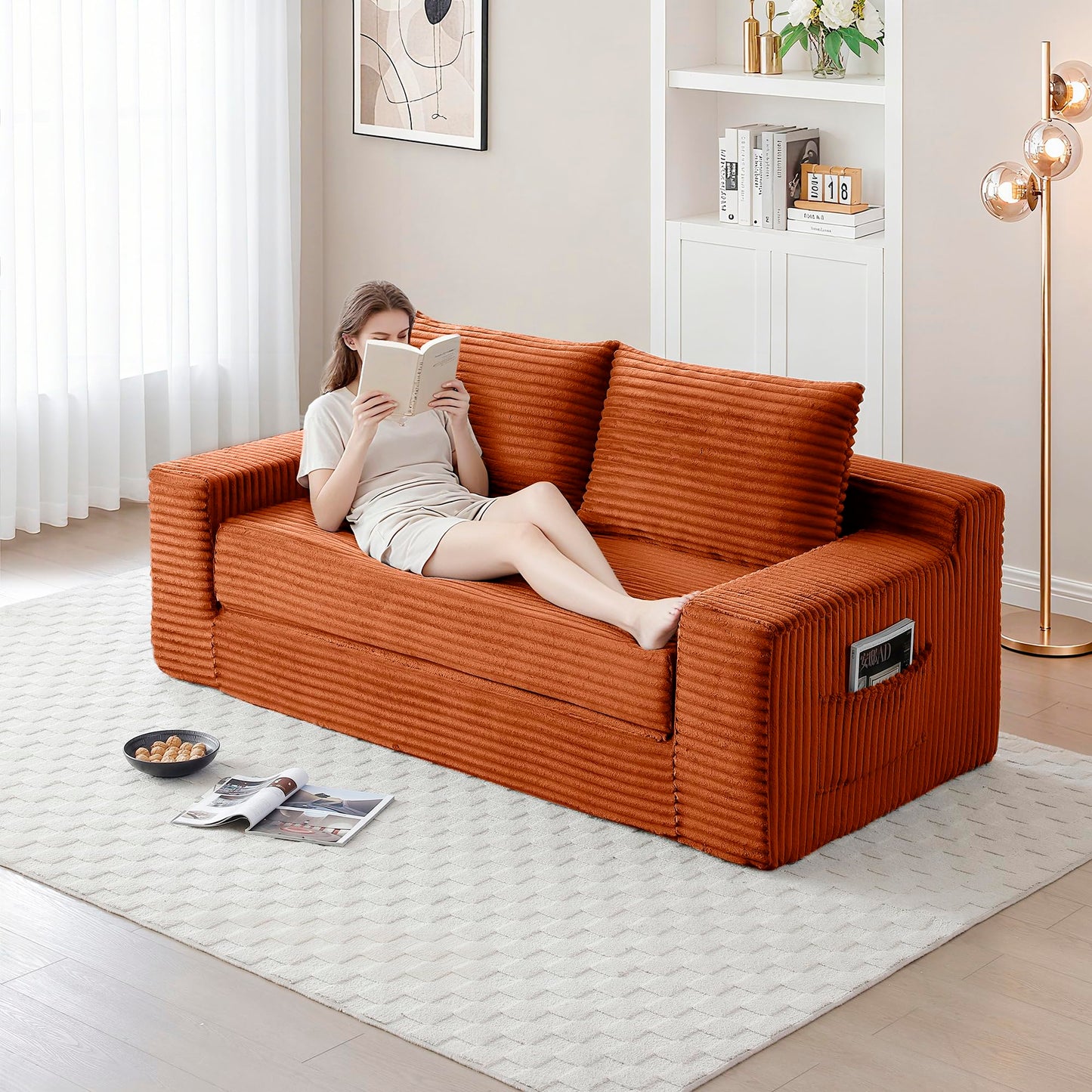 Zyerch 73" Convertible Sofa Bed, 2 in 1 Corduroy Folding Couch with Pillows, No Assembly Boneless Compression Sofa in Box, Loveseat with Side Storage Pocket for Apartment, Living Room, Orange