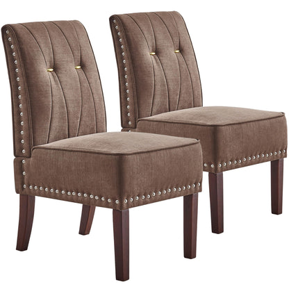 ModaSeren Armless Accent Chairs Set of 2: Upholstered Slipper Armless Chairs with Nails Decorative Slipper Chairs for Bedroom Living Room Dining Room (Brown)