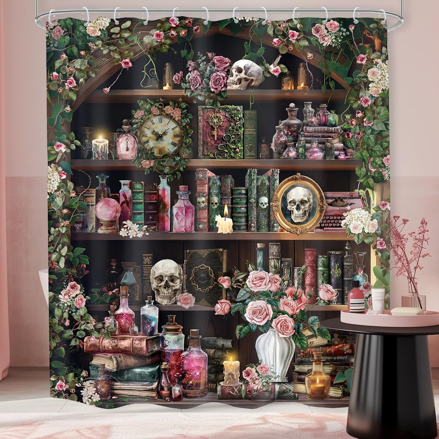 60Wx72H 12 Pack Gothic Skull Shower Curtain Witchy Spooky Pink Rose Vintage Retro Wizard Magic Bookshelf Succulent