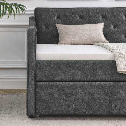 KEIKI Twin Size Upholstery Daybed with Twin Size Trundle and Headboard, Mid-Century Style Tufted Sofa Bed with Waved Arms, Easy Assembly, No Box Spring Required, for Living Room, Grey