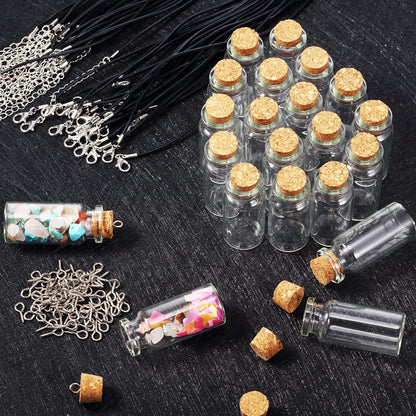 Sawysine 50 Set 10 ml Mini Glass Bottles with Cork Tiny Wishing Bottles Black Waxed Cord Eye Screws Clasp Rings for DIY Crafts Container Necklace Jars(Black)