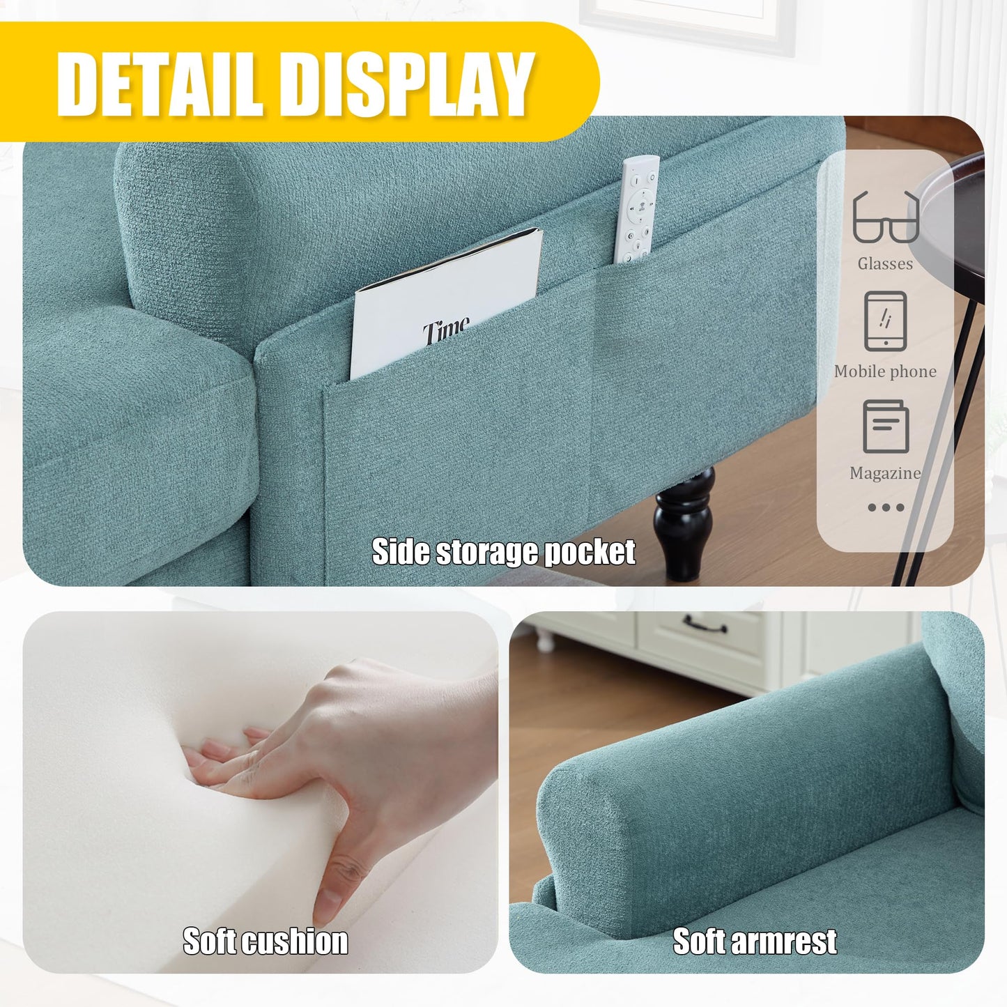 KEIKI Chaise Lounge Chair Indoor, Oversized Accent Chenille Armchair with Storage, Leisure Sleeper Single Sofa Side Chair, Corner Recliner Arm Chairs for Living Room Reading, Easy Assembly, Mint Green