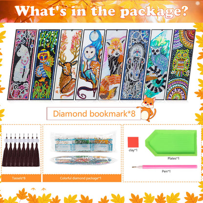 8 Pack Animal Diamond Art Bookmarks Kit, 5D DIY Diamond Painting Bookmarks with Tassels, Animal Crystal Diamond Art Leather Bookmark Set for Adults, Craft Gift Collection