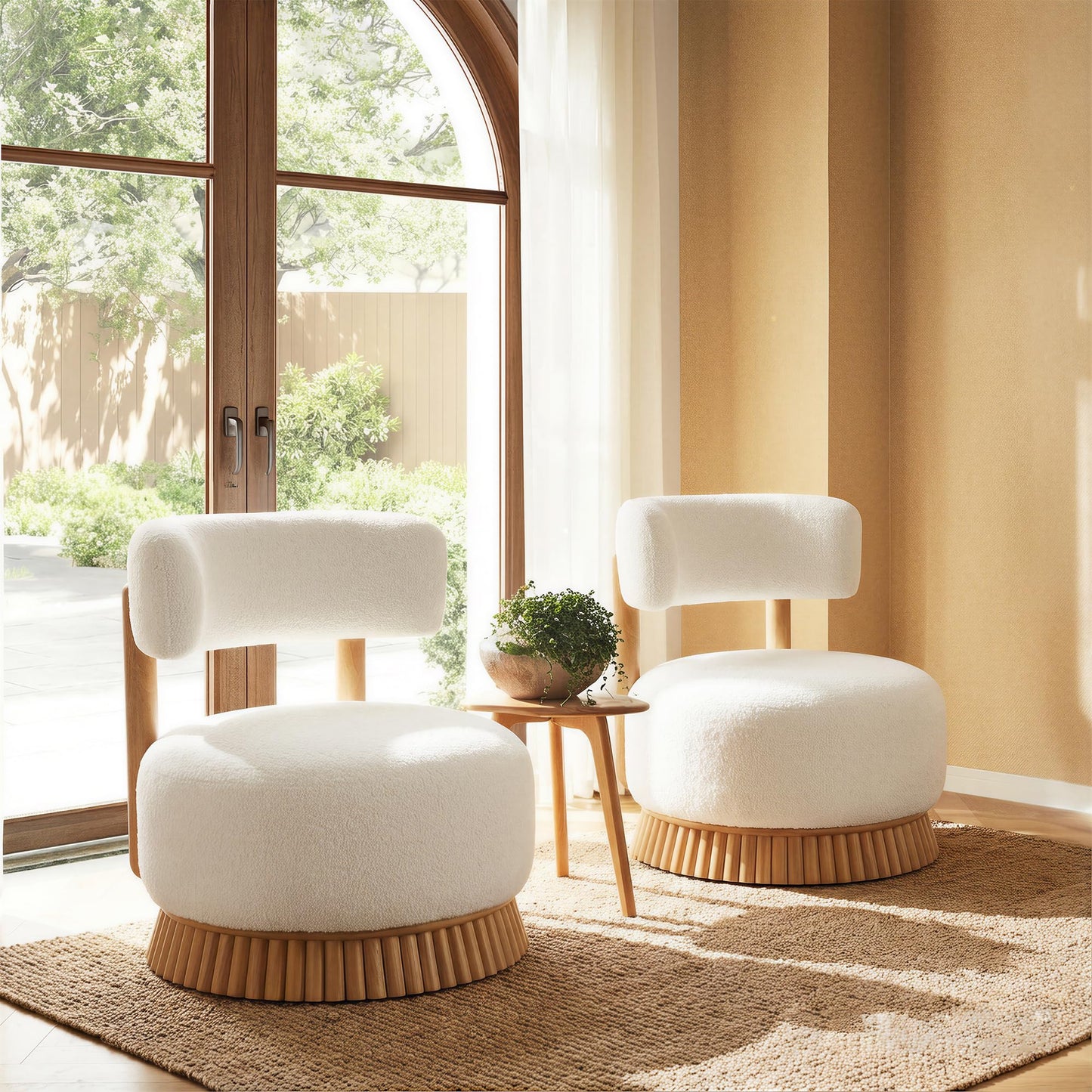 Christopher Knight Home Eloise Modern Accent Chair Set of 2, Boucle Upholstered Lounge Chair Indoor with Wooden Frame, Comfy Reading Chair for Bedroom, Light Beige+Natural