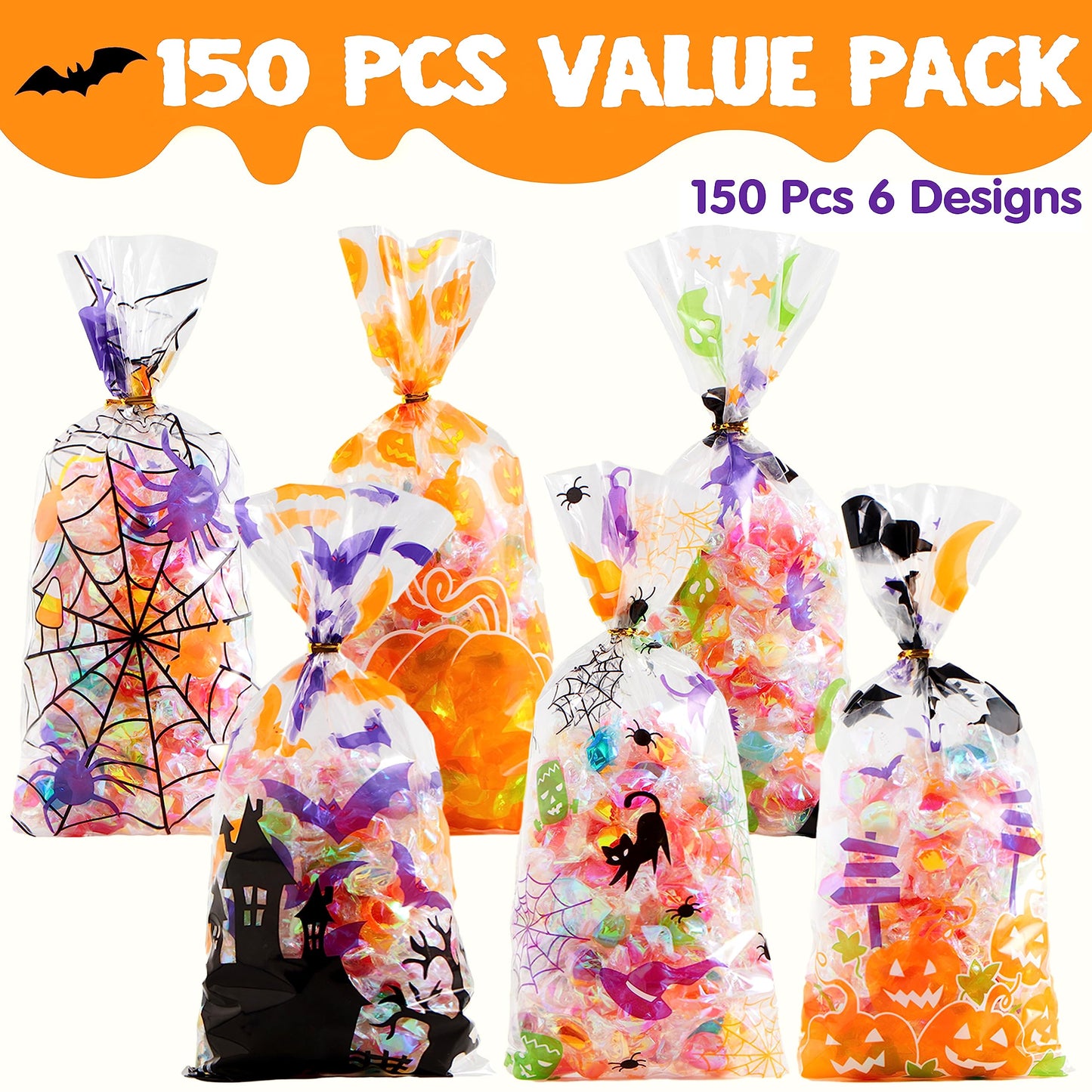 JOYIN 150 PCS Halloween Cellophane Candy Bags, Clear Treat Bags with Twist Ties, Halloween Trick or Treating Goodie Bag, Non Candy Cookie Bag Bulk for Kids Classroom Party Favors Supplies in 6 Design
