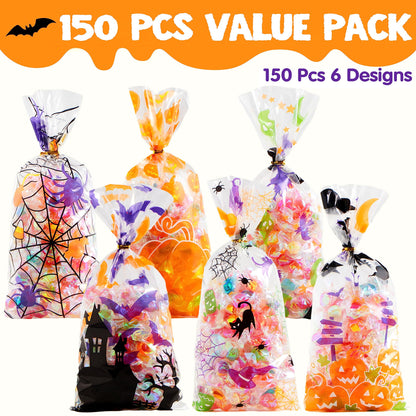 JOYIN 150 PCS Halloween Cellophane Candy Bags, Clear Treat Bags with Twist Ties, Halloween Trick or Treating Goodie Bag, Non Candy Cookie Bag Bulk for Kids Classroom Party Favors Supplies in 6 Design