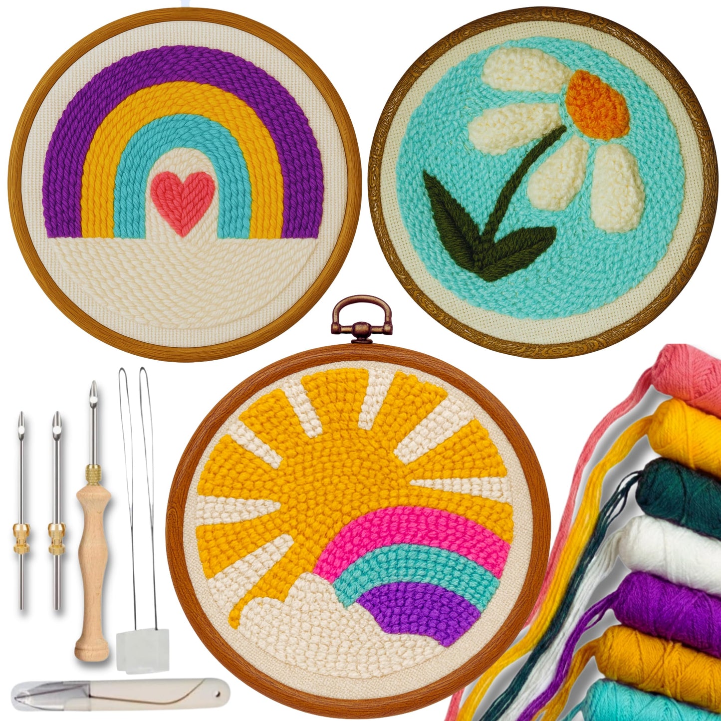 Zyrose Punch Needle Kit for Beginners & Adults, Printed Fabric, 8" Non-Slip Hoop, 3 Interchangeable Needles, Premium Merino Yarn – Complete Starter Set – Joyful Days