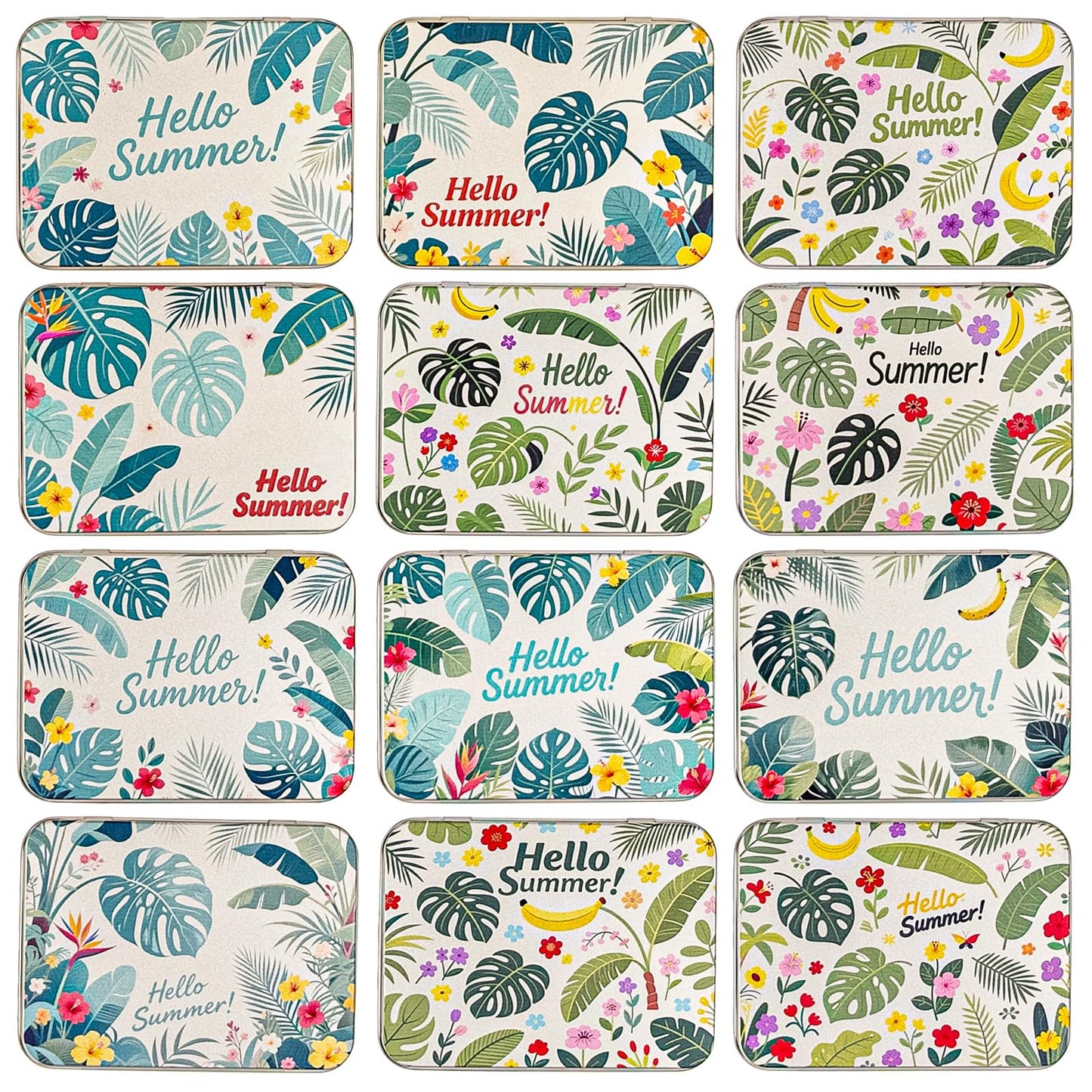 Goodma 12 Pack Empty Rectangular Silver Metal Tins Storage Organizer Gift Boxes with Hello Summer Themed Image Pattern on the Lid, 4.5 x 3.3 x 0.9 inch