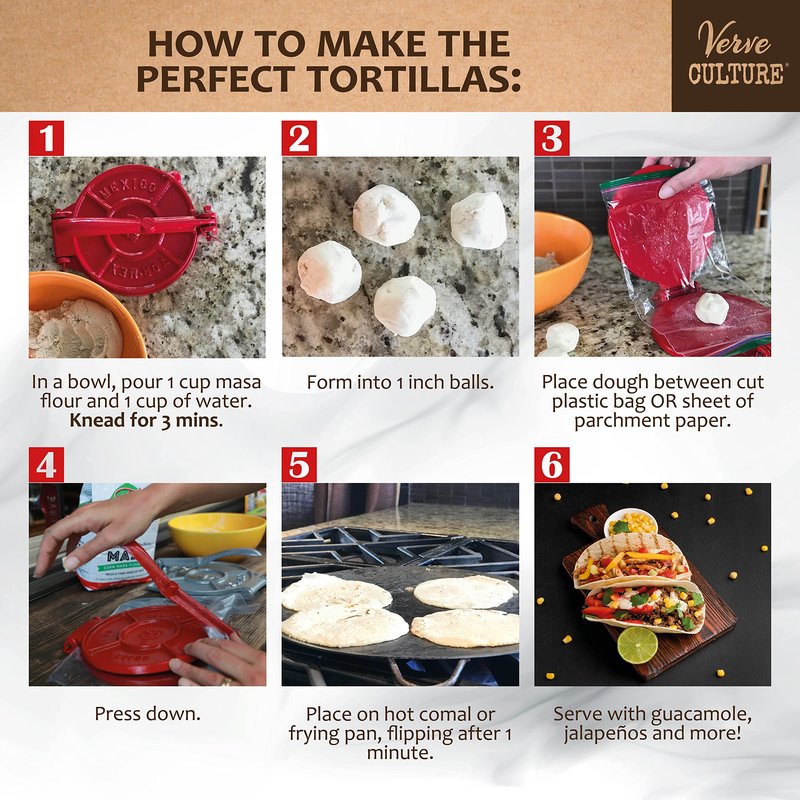 Cast Iron Tortilla Press by Verve CULTURE, Street Taco Press and Quesadilla Maker, Aplastador de Tortillas, Tortilleria Kit with Handmade Servilleta Napkin and Recipe Booklet, 6.5”