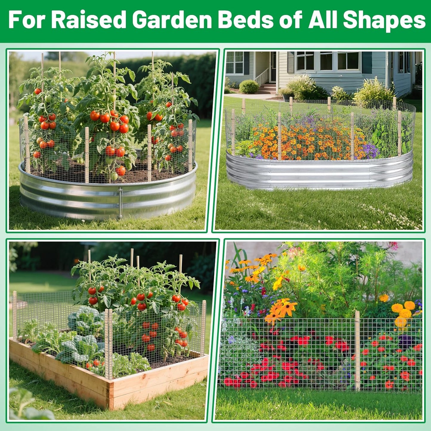 Set 15.8ft 16in 8pcs Ease to Install Garden Fence Animal Barrier - Included x Rustproof Metal Wire Net, Cedar Stakes