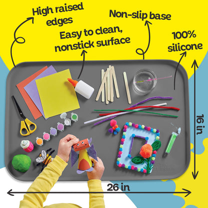 Just Messin' Silicone Art Mat Bundle – 16”x26” Gray & 12”x18” Blue Mats with High .6" Edge, Non-Slip, Heat Resistant for Crafts, Resin,Paint & Jewelry-Making