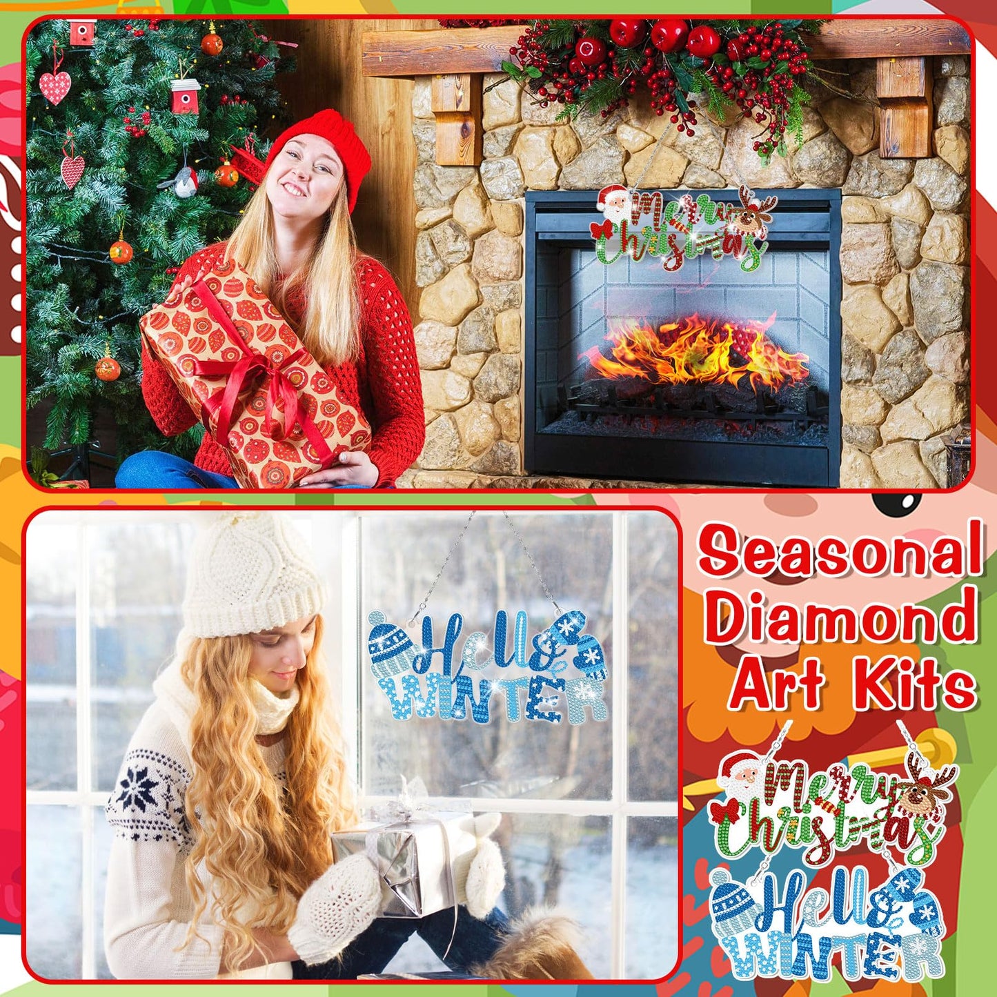 Cinnvoice 12 Pcs Seasonal Diamond Art Wreath Kits Holiday 5d DIY Diamond Painting Signs Germ Hanging Art Ornaments for Wall Door Decorations (Seasonal)