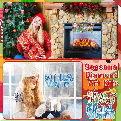 Cinnvoice 12 Pcs Seasonal Diamond Art Wreath Kits Holiday 5d DIY Diamond Painting Signs Germ Hanging Art Ornaments for Wall Door Decorations (Seasonal)