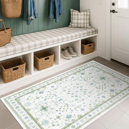 Oushak Bathroom Rug - Cream Green & Blue Floral Design, Washable Low Pile, Non-Slip Rubber Backing, Small Size