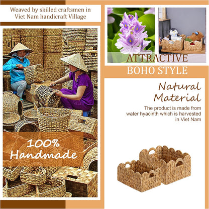 Set 2 LUSYDECO of Scalloped Edge Wicker Storage Basket with Built-in Handles, Rectangle Water Hyacinth Basket
