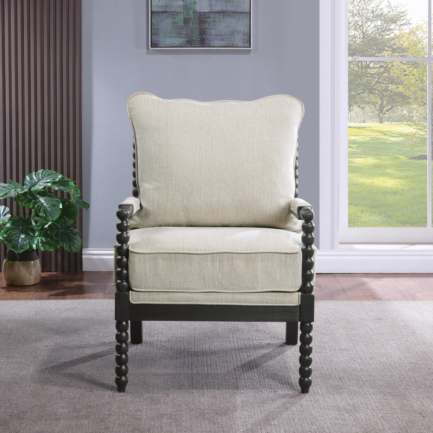 OSP Home Furnishings Eliza Spindle Accent Chair, Linen Fabric with Black Wood