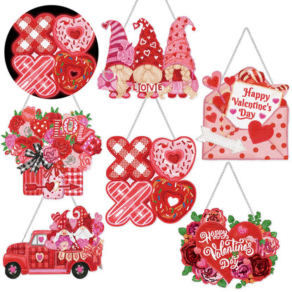 Chiisong 6 Pcs Valentine's Day Diamond Art Painting Kits Glow in The Dark Diamond Hanging Sign Flower Truck Wreath Love Gnome Hanging Ornaments for DIY Adult Beginner Holiday Door Wall Decoration Gift