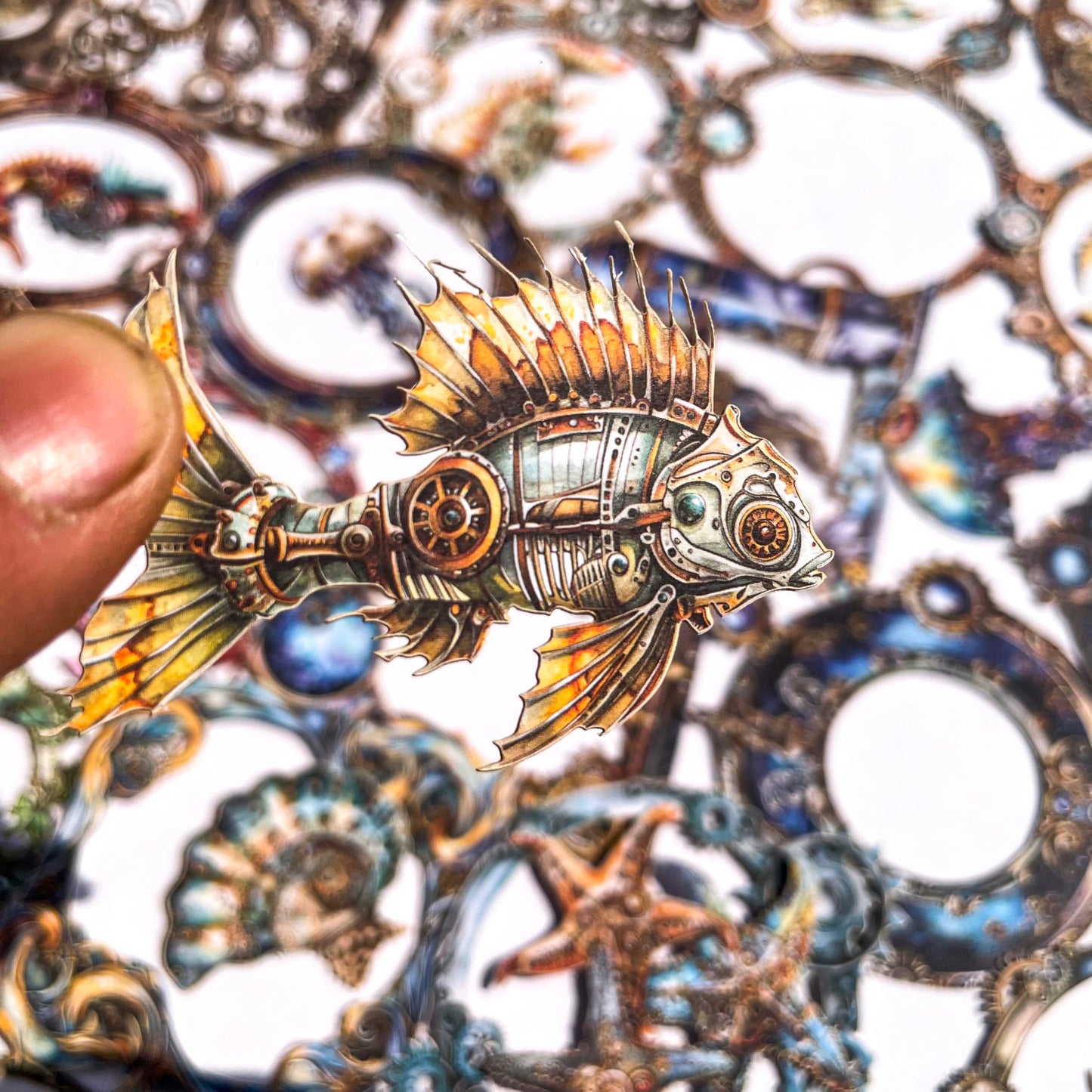 60-Piece Steampunk Ocean Scrapbook Stickers - Self Adhesive Hard Cardstock Victorian Stickers with Nautical Frames, Jellyfish, Seahorses, Fish, Mechanical Elements