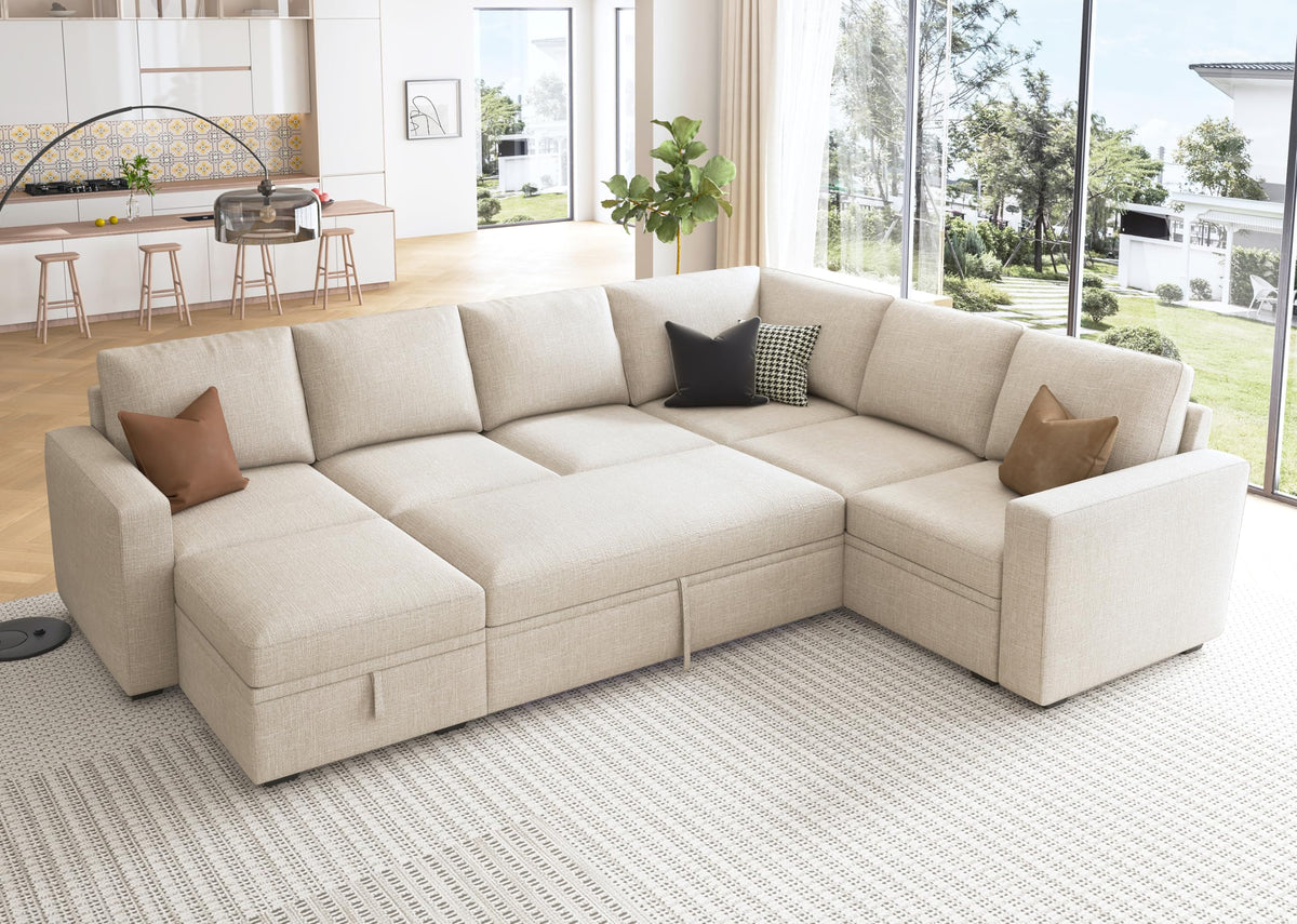 HONBAY Modular Sectional Sleeper Sofa with Pull Out Bed, U Shaped Sectional Couch with Storage Ottoman, Sleeper Sectional Couches for Living Room, Beige