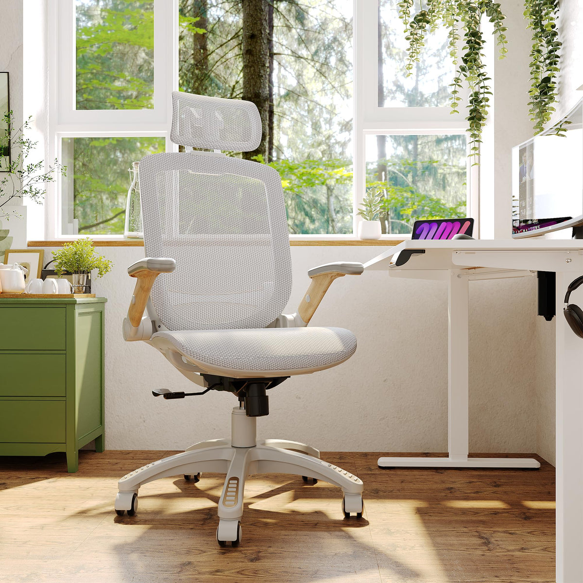 GABRYLLY Ergonomic Office Chair, High Back Home Desk Chair with Flip-Up Arms, Headrest, 90-120° Tilt and Wide Cushion, 300LBS White Mesh Chair for Work Gaming Study (GY01-NT, Woodgrain Pattern)