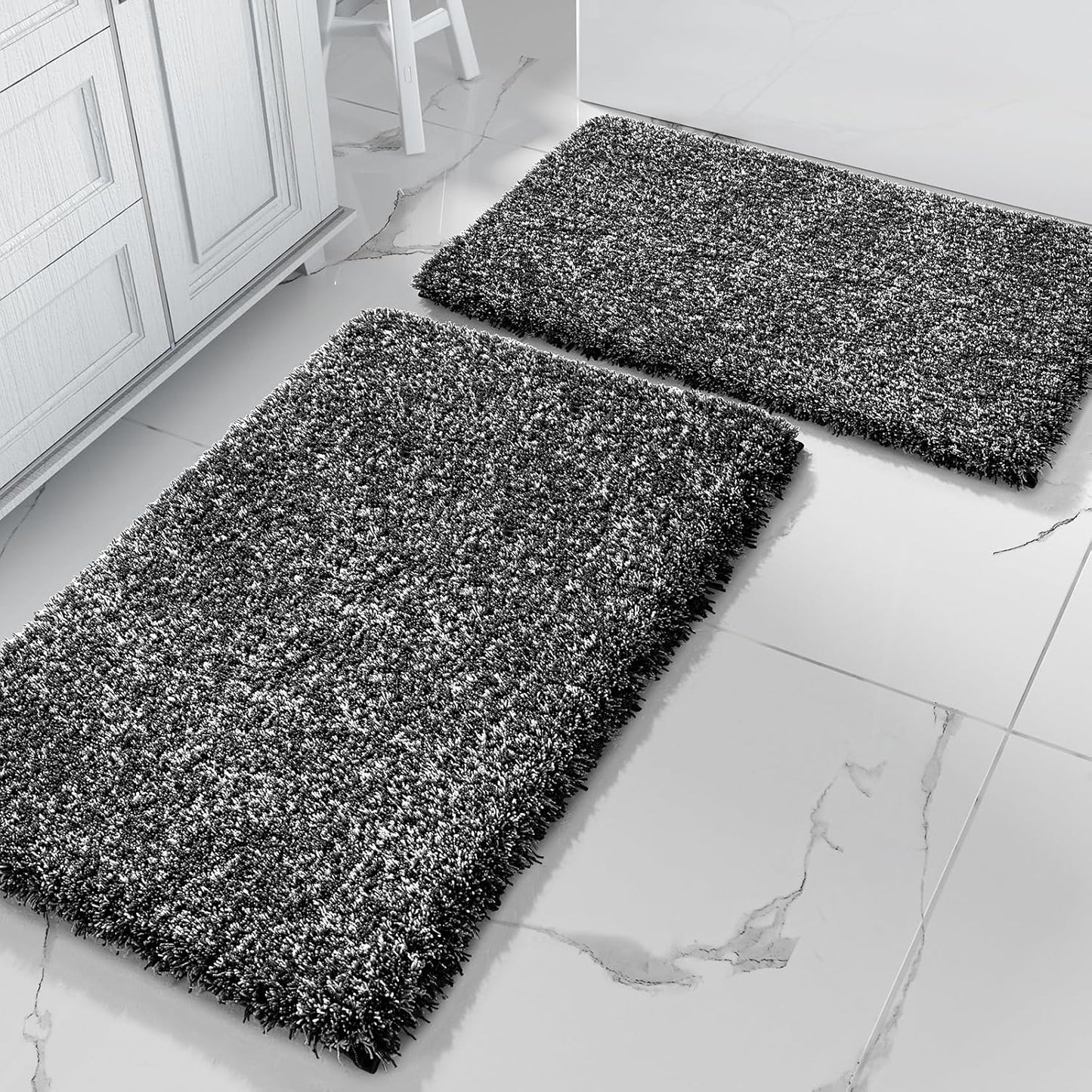 Yimobra Fluffy Bath Rug Set - Shaggy Non-Slip Bathroom Rugs, Machine Washable, 24x17+32x20 Inches, Black and White