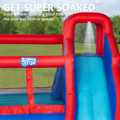 Sunny & Fun Big Time Bounce-A-Round Inflatable Water Slide Park – Heavy-Duty for Outdoor Fun - Climbing Wall, Slide, Bounce House & Splash Pool – Easy Set Up with Included Air Pump & Carrying Case