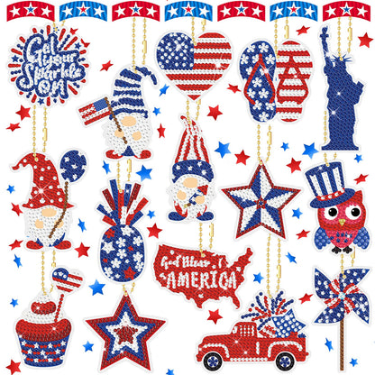 Karenhi 15 Pcs 4th of July Diamond Painting Key Chains Patriotic Diamond Art Keychain Kits Memorial Day Red Blue White American Gnome Star 5D Rhinestones Painting Ornaments for Adult DIY Crafts