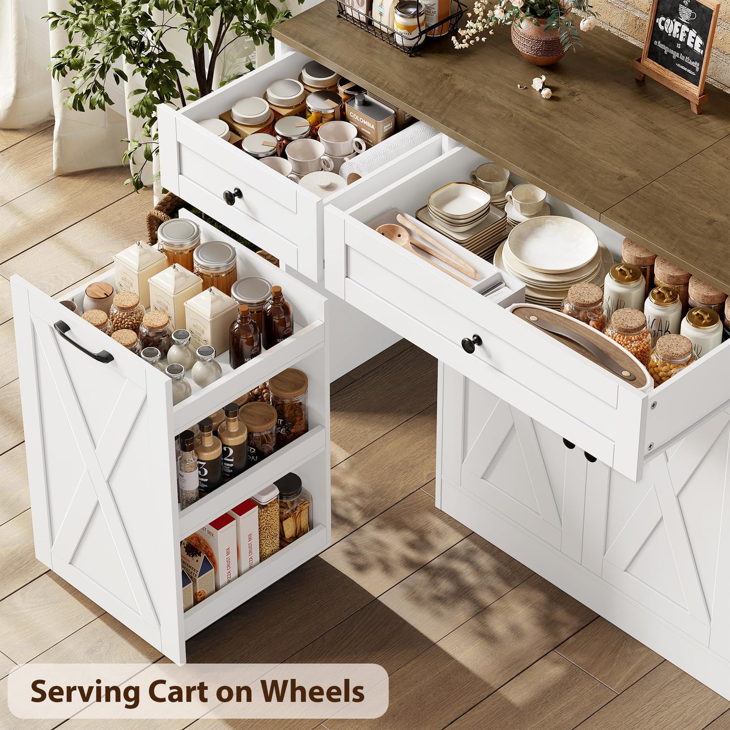 HOSTACK Multifunctional Storage Cabinet - 59" Buffet Cabinet with Charging Station, Large Kitchen Buffet Sideboard with Rolling Cart, Farmhouse Coffee Bar Cabinet with Drawers for Dining Room, White