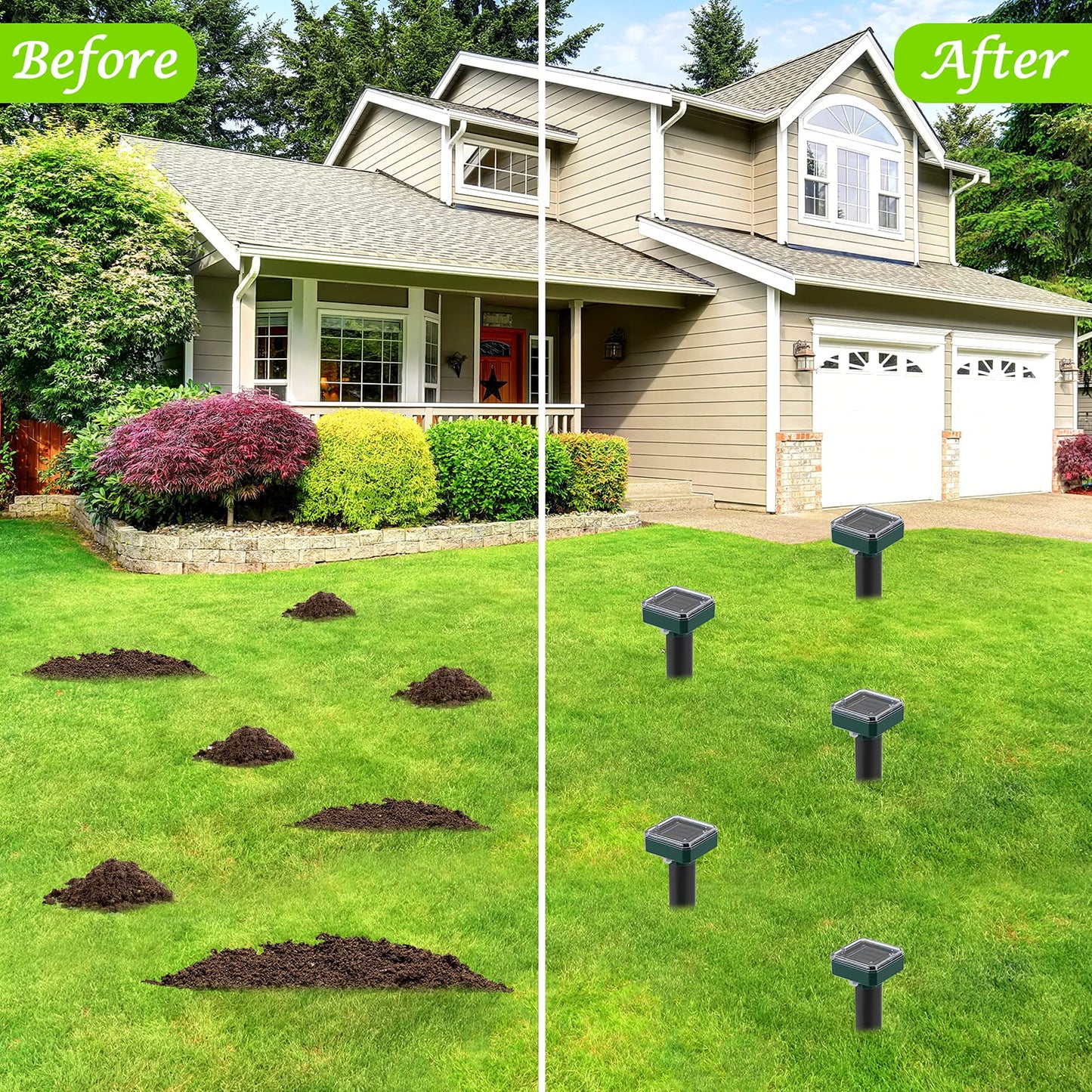 Mole Repellent Solar Powered 4 Pack,Snake Vole Repellent Outdoor, Gopher Repeller Ultrasonic Solar Powered for Lawn Garden Waterproof, Sonic Mole Spikes,Get Rid of Moles Groundhog Chipmunk Repellent