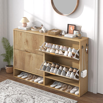 GarveeHome Set of 2 Fluted Shoe Cabinets for Entryway, Slim Freestanding Shoe Storage with Flip Drawers, Open Shelf & Side Hooks, Narrow Shoe Organizer Cabinets for Hallway or Family Entryway, Oak