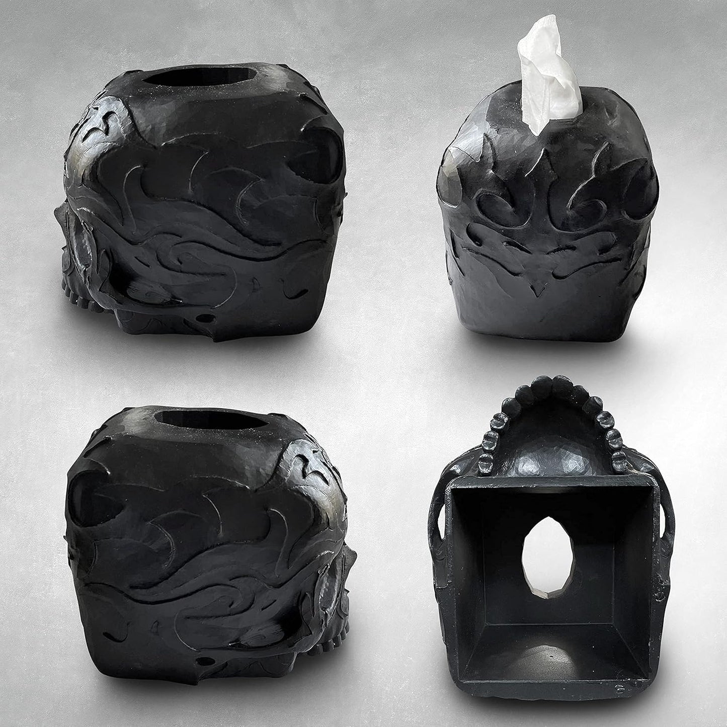 Skull Tissue Box Cover Square Black, Gothic Home Decor, Fits Most Square Tissue Boxes, Office Desk Organizer