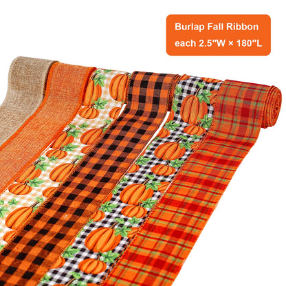 6 Rolls 30 Yards Fall Burlap Ribbon, 2.5 Inch Wired Edge Ribbon with Buffalo Plaid and Pumpkin Pattern for Thanksgiving Crafts, Wreaths, Bows and Gift Wrapping