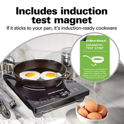 Hamilton Beach Portable Single Induction Cooktop Countertop Burner Hot Plate with Fast Heating Mode, 1800 Watts, 10 Temperature Settings up to 450F, Black (34104)