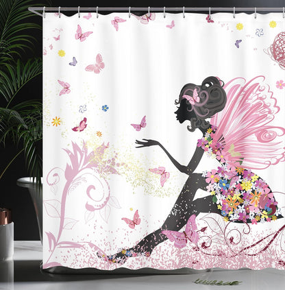 Ambesonne Girls Shower Curtain, Pink Butterfly Girl with Floral Dress, Fabric Bathroom Decor Set, 84 Inches