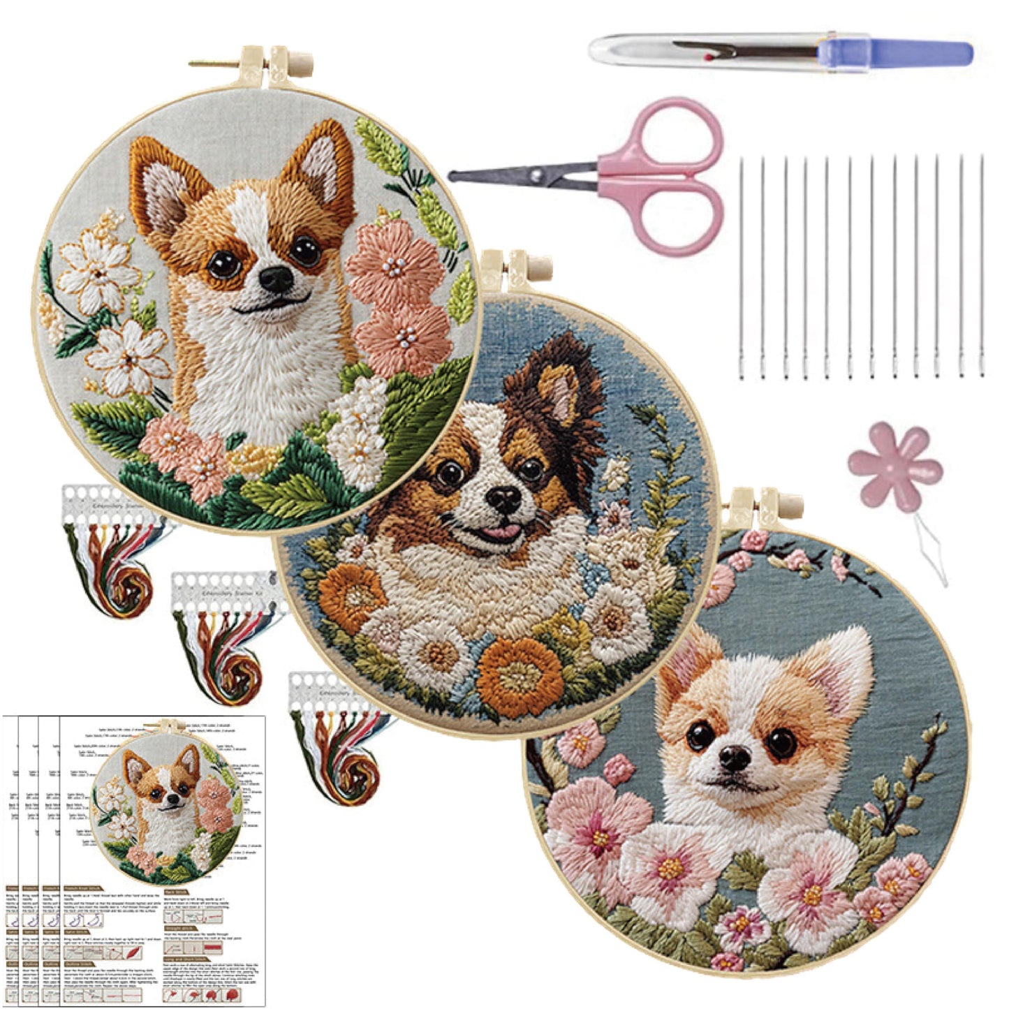 HCANPER Cute Dog Embroidery Starter Kit,DIY Needle Punch Kit, Punch Needle Kits for Beginners,Include Pre-Printed Fabric,Tools,Embroidery Hoop,Threads,Easy for Adults and Children. (Pink)