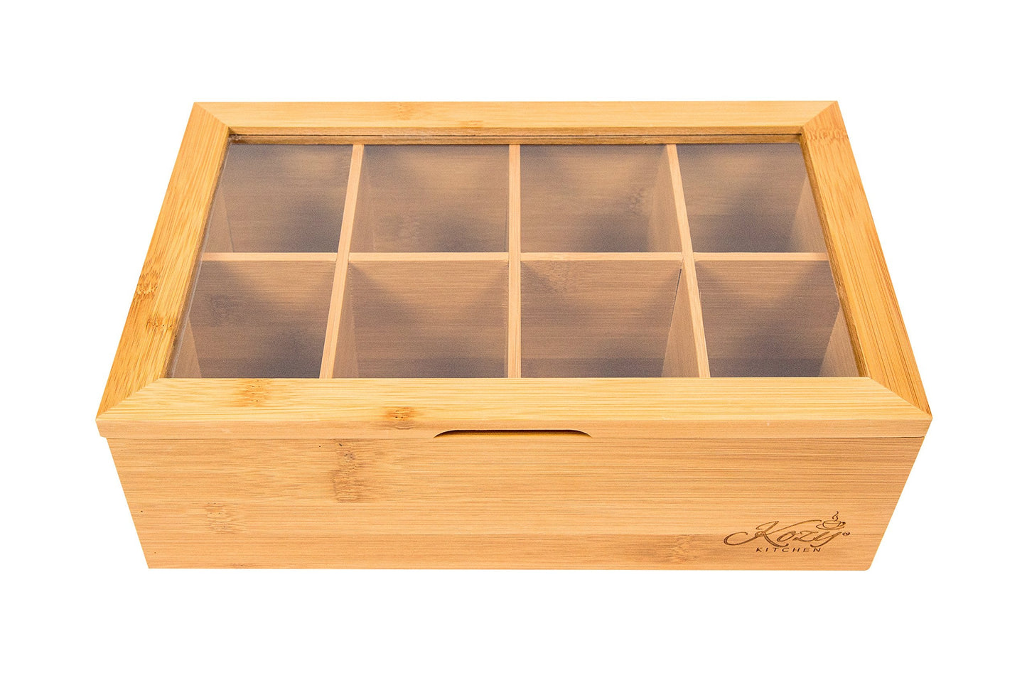 Kozy Kitchen Bamboo Tea Box Storage Organizer, 100% Natural Wooden Finish Tea Bag Organizer 8 Storage Compartments and Clear Shatterproof Hinged Lid