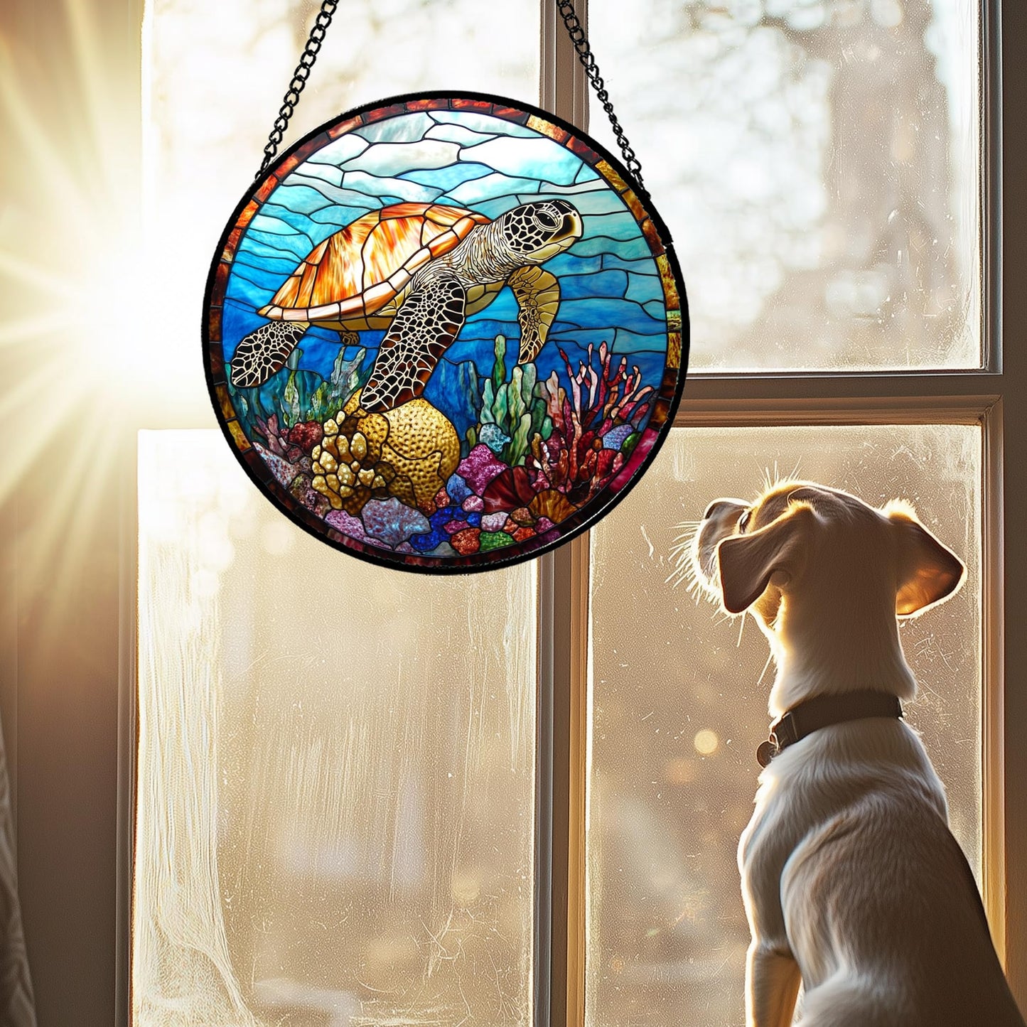 CRISGIF Stained Glass Window Hanging Blue Sea Ocean Coral Turtle Large 11.8" - Suncatcher Door Garden Sunroom Sun Catcher Home Decor Birthday Christmas for Mom Men Woman Nana