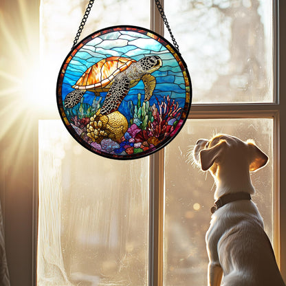 CRISGIF Stained Glass Window Hanging Blue Sea Ocean Coral Turtle Large 11.8" - Suncatcher Door Garden Sunroom Sun Catcher Home Decor Birthday Christmas for Mom Men Woman Nana
