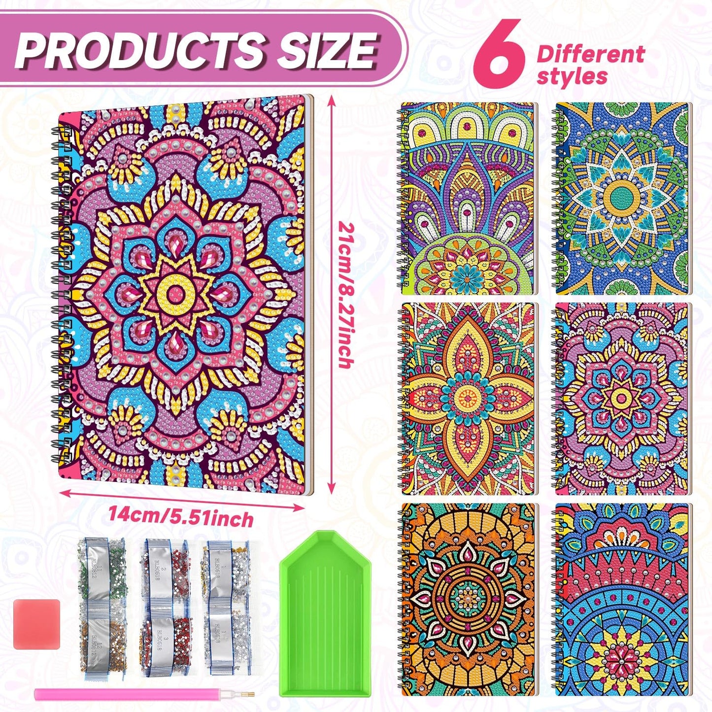 Fullhawl 6 Pack 5D DIY Diamond Art Notebook Kits for Adults Beginner A5 Leather Diamond Painting Gift for Women Art Cover Notepad Sketchbook Journal Crafts Accessories with Tool(Mandala)