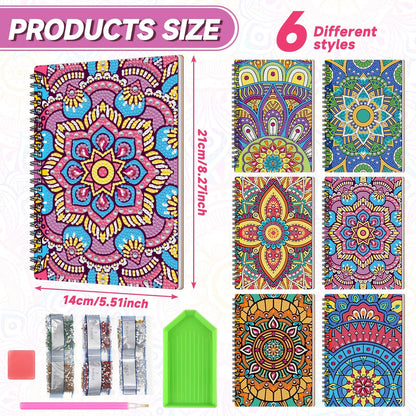 Fullhawl 6 Pack 5D DIY Diamond Art Notebook Kits for Adults Beginner A5 Leather Diamond Painting Gift for Women Art Cover Notepad Sketchbook Journal Crafts Accessories with Tool(Mandala)