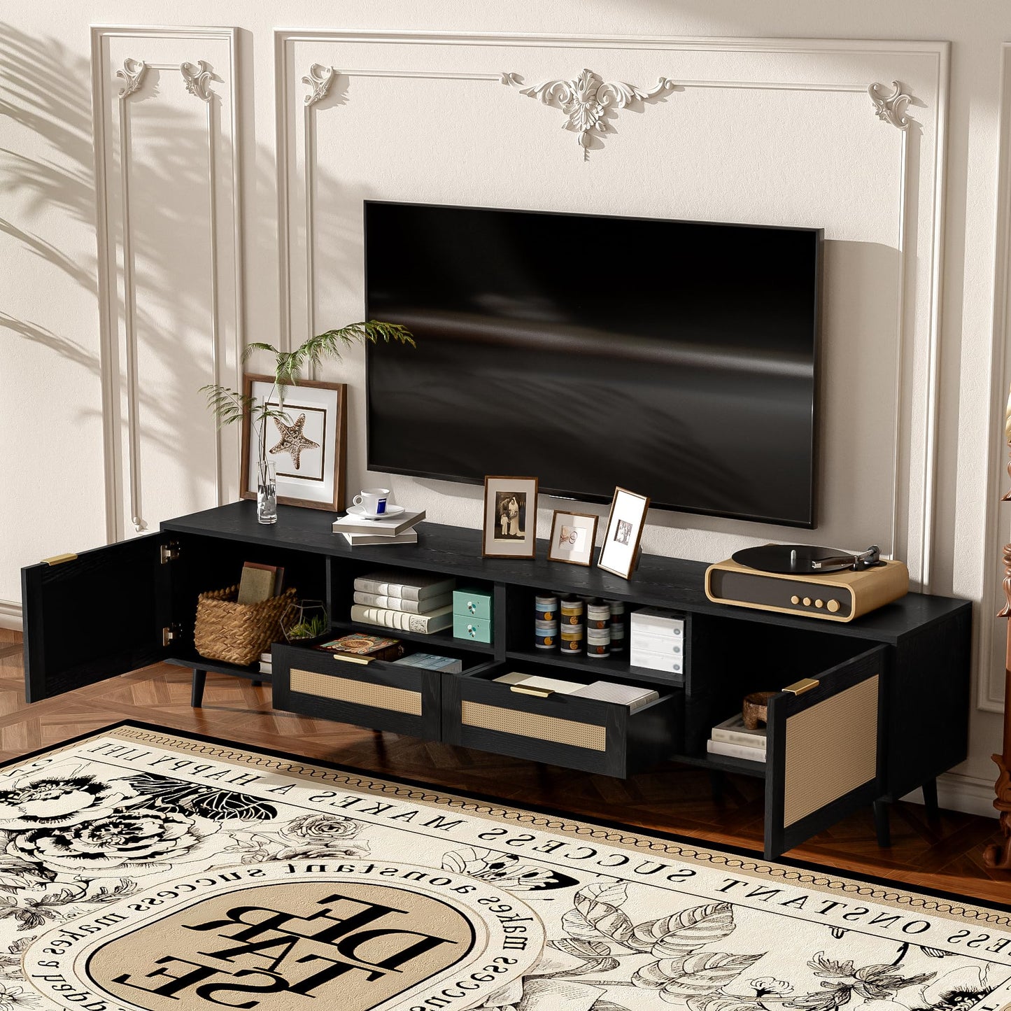 Merax TV Stand for TVs up to 85", 78 Inch Modern Media Console, Entertainment Center with Storage Drawers and Rattan Doors, Open Shelves, Solid Wood TV Cabinet Table for Living Room Furniture