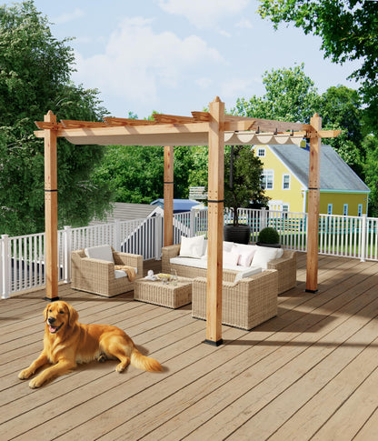 GarveeLife 10 x 10 ft Wood-Grain Aluminum Pergola Outdoor Pergola with Retractable Canopy for Garden Patio Backyard Deck - Khaki