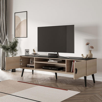 Manhattan Comfort Haley Mid Century Modern TV Stand for Televisions up to 55 Inches, Home Entertainment Center with Storage, Shelves, and Soft Close Doors, 70.9" Wide, White and Black Marble