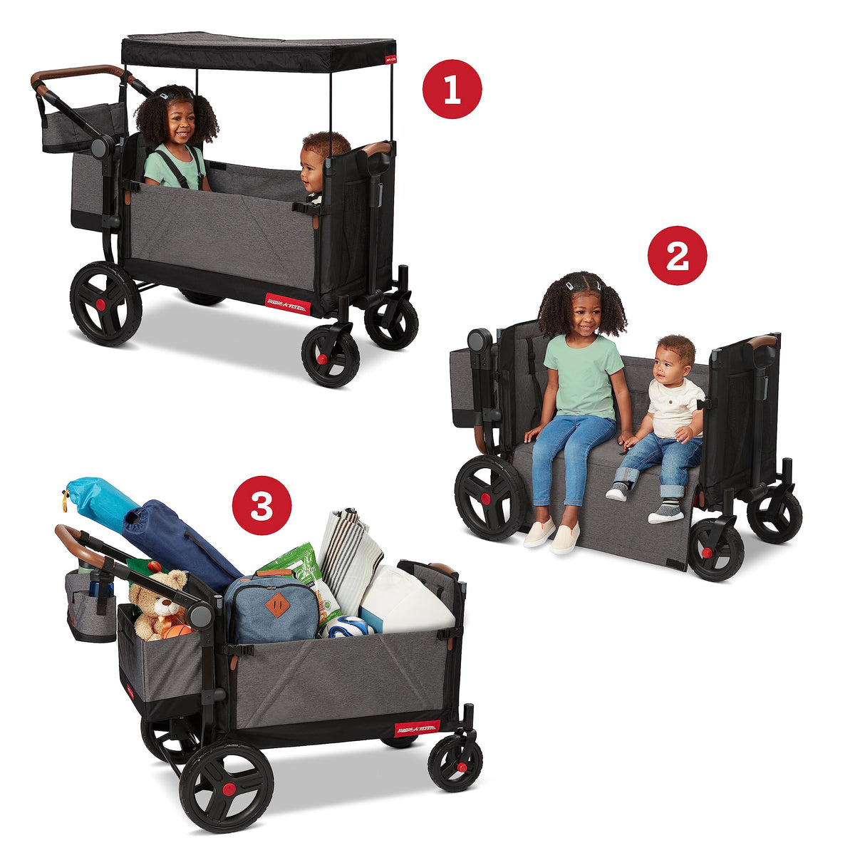 Radio Flyer Atlas Stroll 'N Wagon, Atlas Gray, for Ages 1+, 3-in-1 Push or Pull Versatility, One-Hand Fold, UV Canopy, 5-Point Harnesses, Storage Capabilities, Rubber Wheels, Stroller Wagon for Kids
