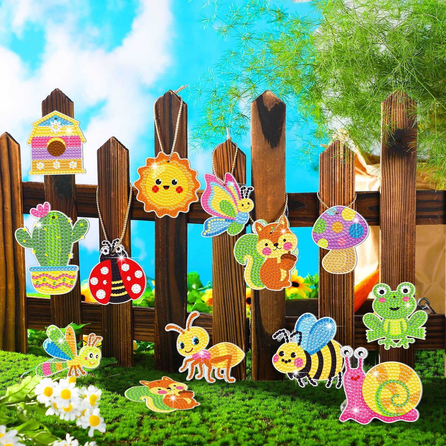 Frienda 24 Pcs Summer Diamond Painting Keychain Kits, 5d DIY Summer Diamond Art Animal Bee Frog Sun Ornaments Beginner Friendly Crafts for Family Decor Seasonal Gifts